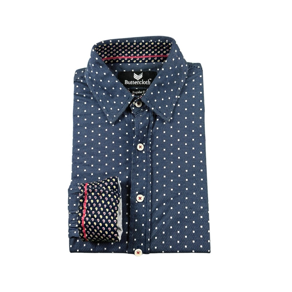 Buttercloth Mens Blue Polka Dot Performance Button Up Shirt Small Regular Fit